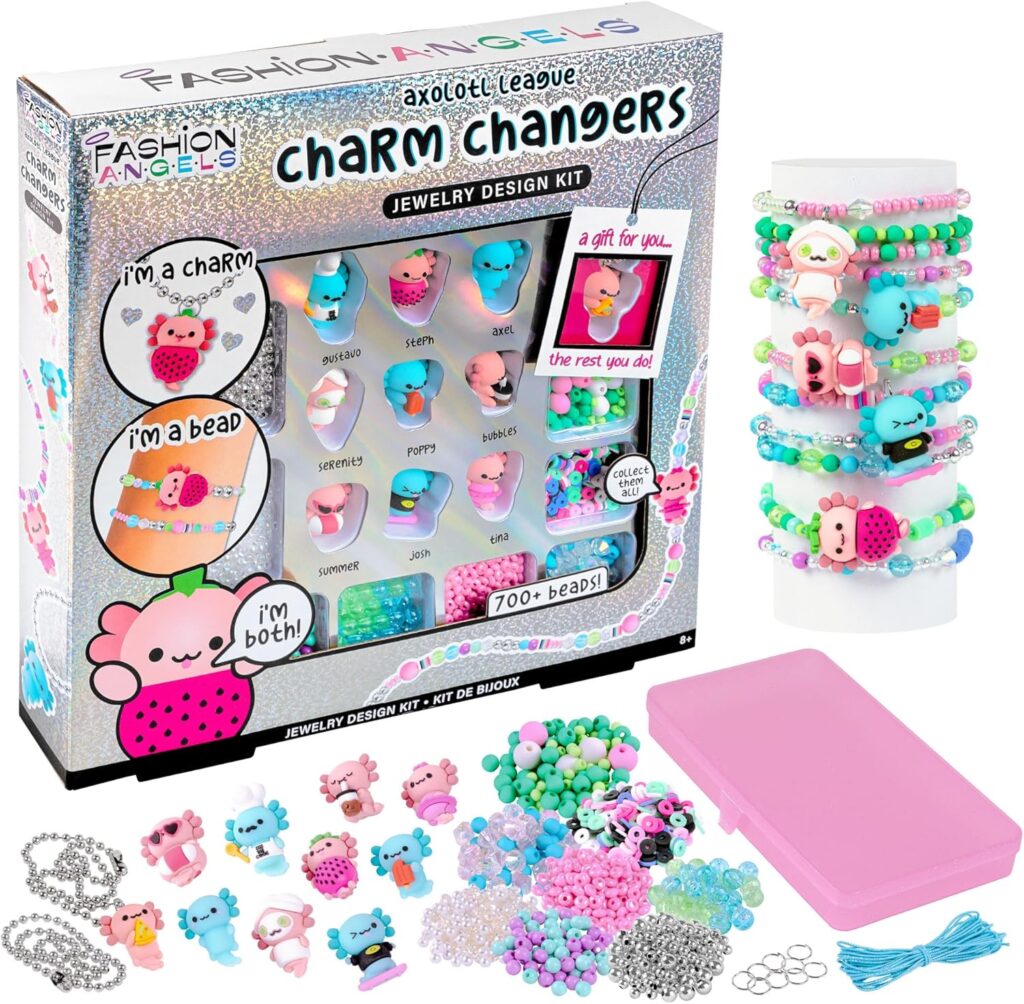 Fashion Angels Charm Changers Axolotl League Jewelry Design Kit, Includes Adorable Axolotl Charms & Over 700 Beads, Custom Jewelry Craft Activity for Kids