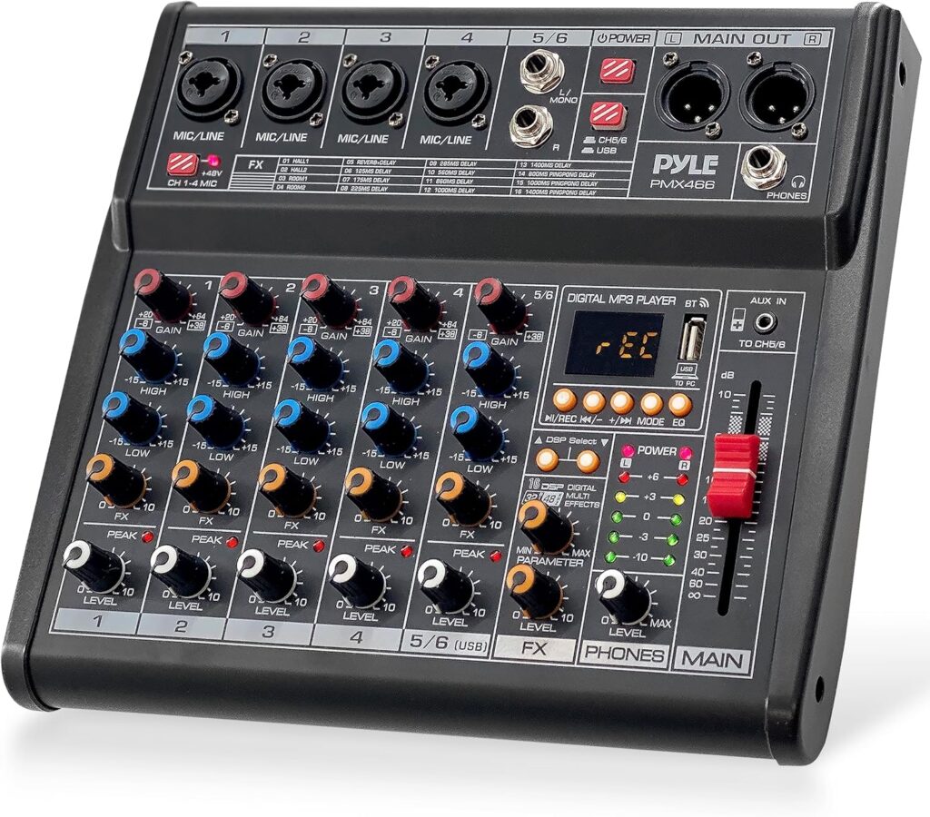 Pyle Professional Bluetooth DJ Audio Mixer – 6-Channel DJ Controller Sound Mixer w/DSP 16 Preset Effects, USB Interface, 4 XLR Mic/Line Input, AUX, FX Processor MP3 Player, Headphone Jack – PMX466
