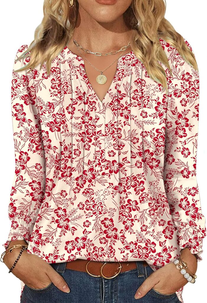 LOMON Womens Tops Dressy Casual Pleated Ruffle Long Sleeve Tunics Tops to Wear with Leggings V Neck Work Blouse