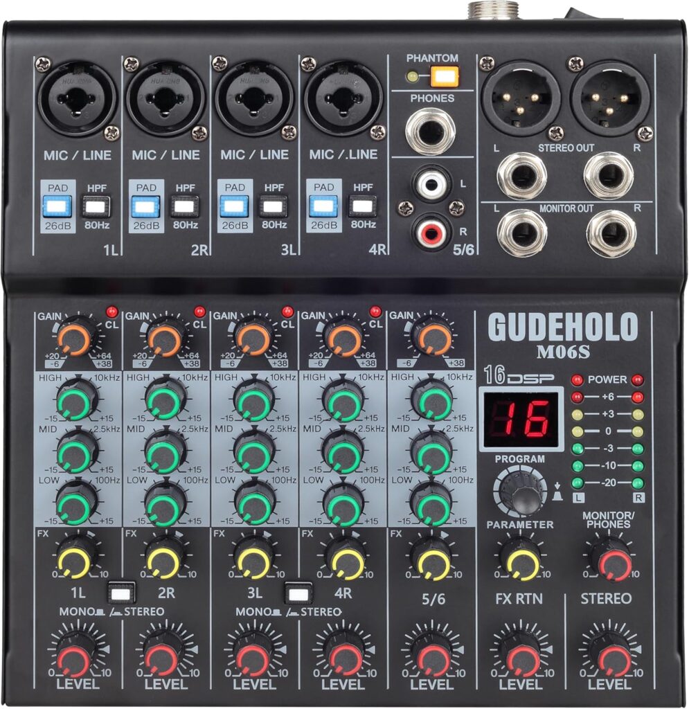 6-Channel Professional DJ Audio Mixer, DJ Controller Sound Mixer DSP 16 Preset Effects, Ideal for Home Party