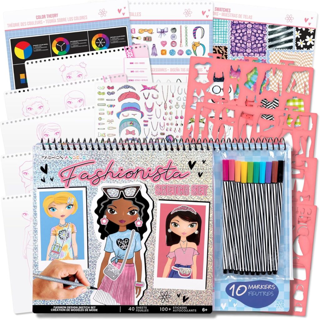 Fashion Angels Fashionista Sketch Set, Includes Sketch Pad with Stencils & Stickers, Fashion Design Sketch Book for Girls, Ideal Drawing Kit for Kids