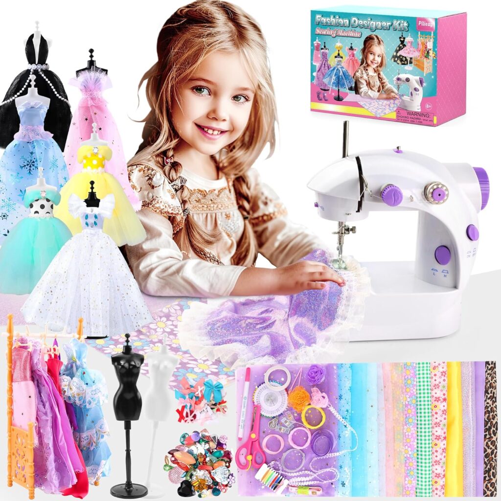 Pllieay Mini Sewing Machine for Kids 8-12, 240 Pieces Fashion Designer Kit with Portable Small Sewing Machine, DIY Doll Clothes Making Kit with 2 Mannequins, Creativity Gift Toy for Girls