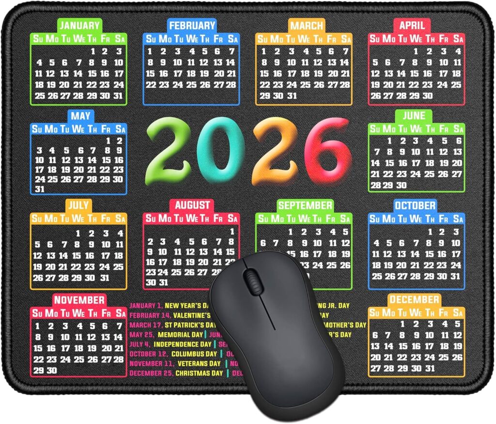 Mouse Pad with Stitched Edge, Computer Mouse Mat with Non-Slip Rubber Base, Mouse Pads for Computers Laptop Mouse 9.6×7.9×0.1 inch, (2026 Calendar Black)