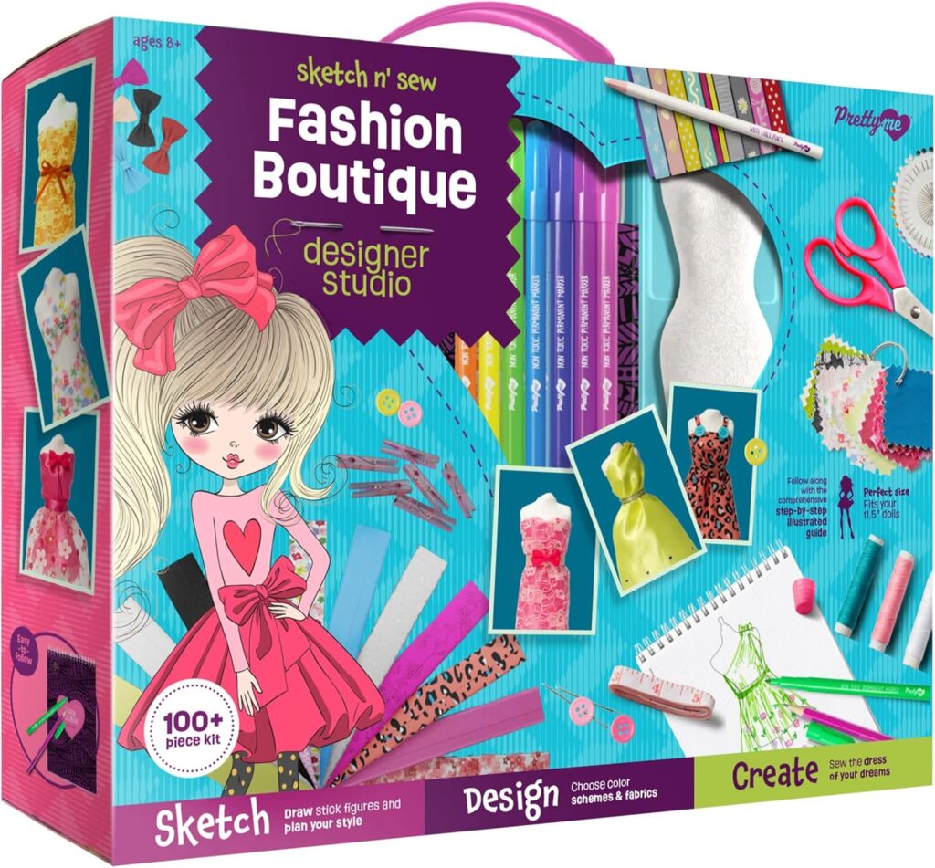 Pretty Me Fashion Design Studio – Sewing Kit for Kids – Designer Dress Girls Arts Crafts Kits Ages 8, 9, 10, 11, 12 Age – Sketch, Sew, Style – Kid Art Projects Gift – Girl Craft Activities Gifts