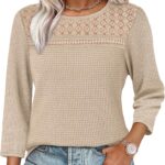 OFEEFAN 3/4 Length Sleeve Womens Tops Early Fall Fashion 2025 Dressy Casual Blouses Lace Front Trendy Waffle Knit Shirts