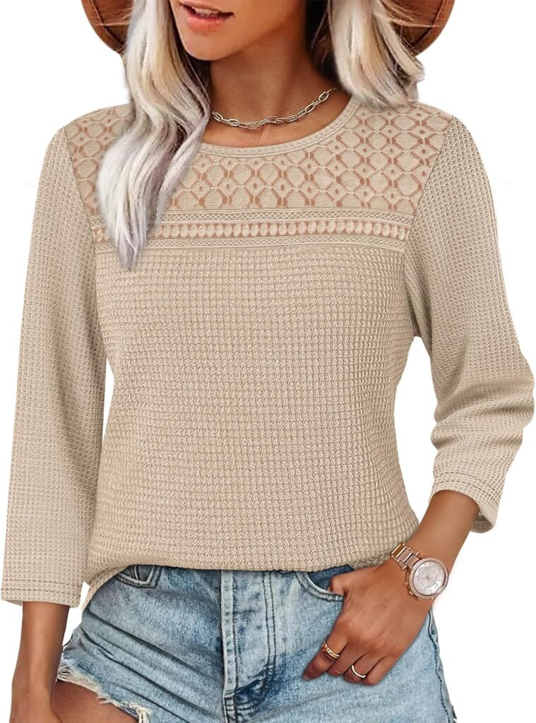 OFEEFAN 3/4 Length Sleeve Womens Tops Early Fall Fashion 2025 Dressy Casual Blouses Lace Front Trendy Waffle Knit Shirts
