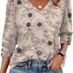 XIEERDUO Womens 3/4 Sleeve Tops with Buttons V-Neck Summer Outfits Casual Blouses Shirts Beach Vacation Fall Clothes 2025
