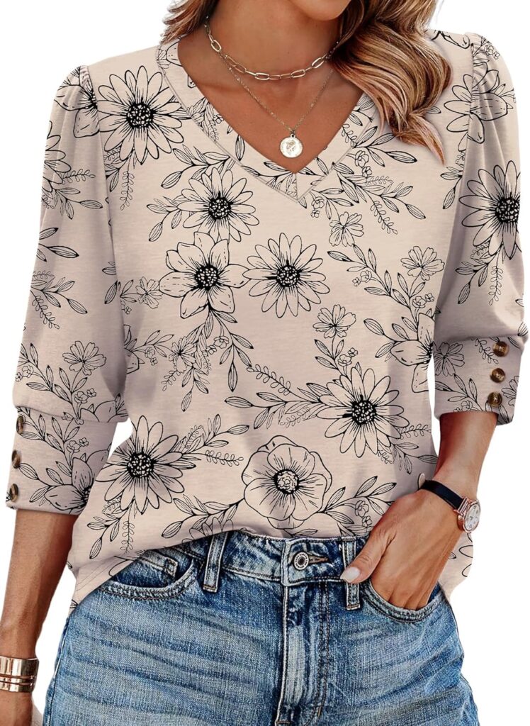 XIEERDUO Womens 3/4 Sleeve Tops with Buttons V-Neck Summer Outfits Casual Blouses Shirts Beach Vacation Fall Clothes 2025