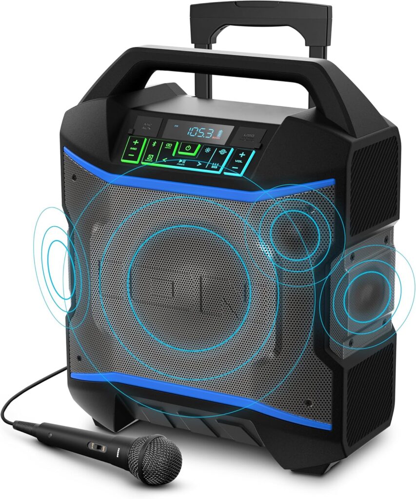 ION Block Rocker – Portable Bluetooth Outdoor Party Speaker with Karaoke Microphone, Battery, 4 Speakers, Radio, USB Port, App, Water-Resistant, 120W