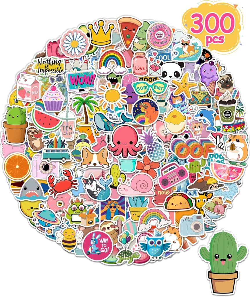 300 Pcs Stickers for Kids, Cute Water Bottle Vinyl Waterproof Laptop Stickers for Students Gifts School Supplies Classroom Teacher Prizes Sticker Pack for Kids Girls Teens