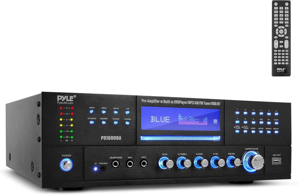 Pyle 4-Channel Wireless Bluetooth Power Amplifier – 1000W Stereo Speaker Home Audio Receiver w/FM Radio, USB, Headphone, 2 Microphone w/Echo, Front Loading CD DVD Player, LED, Rack Mount, Black