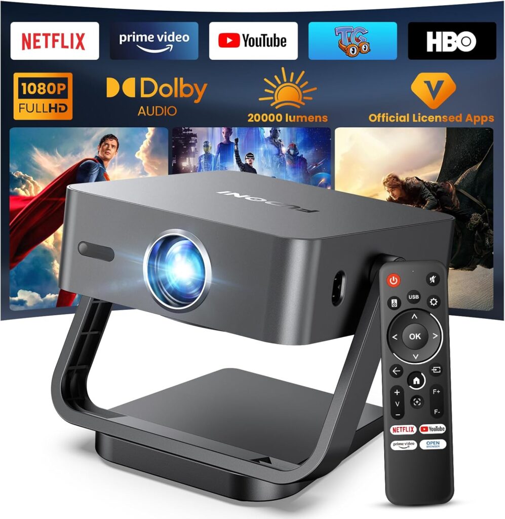 [Built-in Apps/Dolby Audio] FUDONI Smart Projector with WiFi 6 and Bluetooth, 1080P Full HD Projector with Netflix/ Prime Video/Youtube, Zoom Correction, Movie Proyector for Home & Outdoor