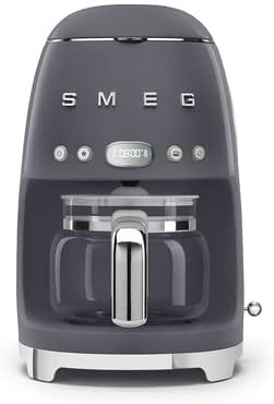 Smeg 50’s Retro Style Aesthetic Drip Coffee Machine with 10 Cup Glass Carafe, Auto Start Feature, Keep Warm Plate, and Two Coffee Strength Settings (Grey)