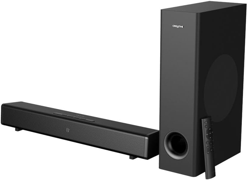 Creative Stage 360 2.1 Soundbar with Dolby Atmos and Subwoofer for TV/Computers/Ultrawide Monitors, Surround Sound with HDMI ARC/2.0, Bluetooth, Optical Input, and IR Remote (Renewed)