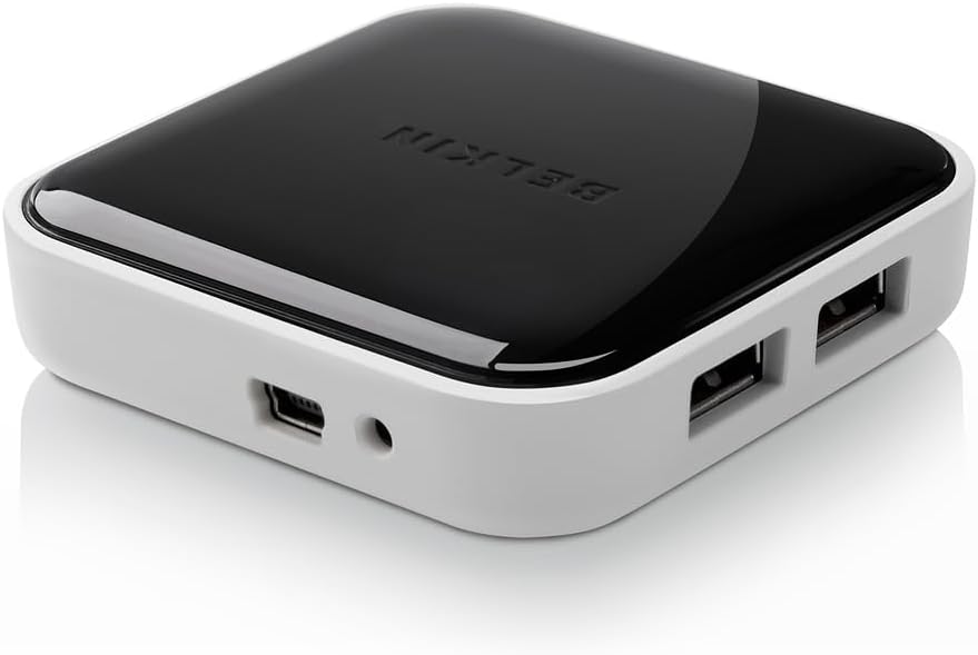 Belkin 4-Port Powered Desktop USB Hub with Support for USB-A, USB 2.0, and USB 1.1, Black and White