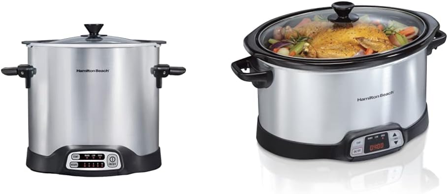 Hamilton Beach Sear & Cook Stock Pot Slow Cooker with Stovetop Safe Crock, Large 10 Quart Capacity, Programmable, Silver (33196) & 8 Quart Programmable Slow Cooker, Silver (33480)