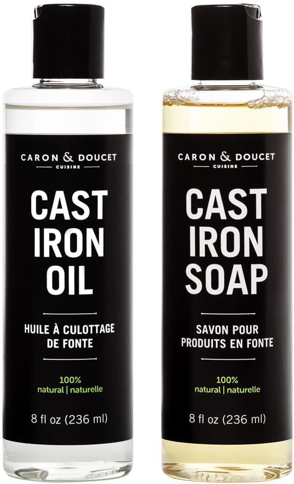 CARON & DOUCET – Cast Iron Cleaning & Conditioning Set: Seasoning Oil & Cleaning Soap | 100% Plant-Based | Best for Washing, Restoring & Seasoning Cast Iron Skillets, Pans & Grills! 8oz Each
