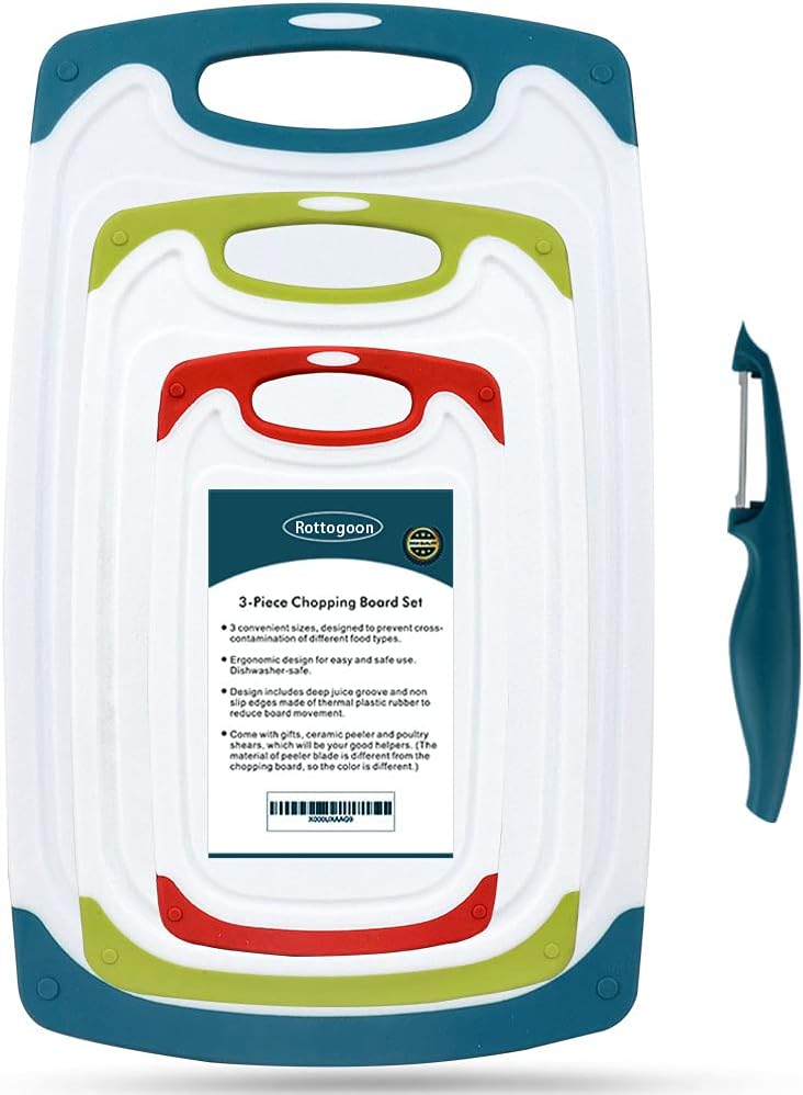 Cutting Boards for Kitchen, Plastic Chopping Board Set of 4 with Non-Slip Feet and Deep Drip Juice Groove, Easy Grip Handle, Dishwasher Safe