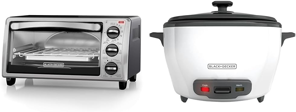 BLACK+DECKER 4-Slice Toaster Oven, TO1313SBD, Even Toast, 4 Cooking Functions Bake, Broil, Toast & Rice Cooker 6-Cup (Cooked) with Steaming Basket, Removable Non-Stick Bowl, White