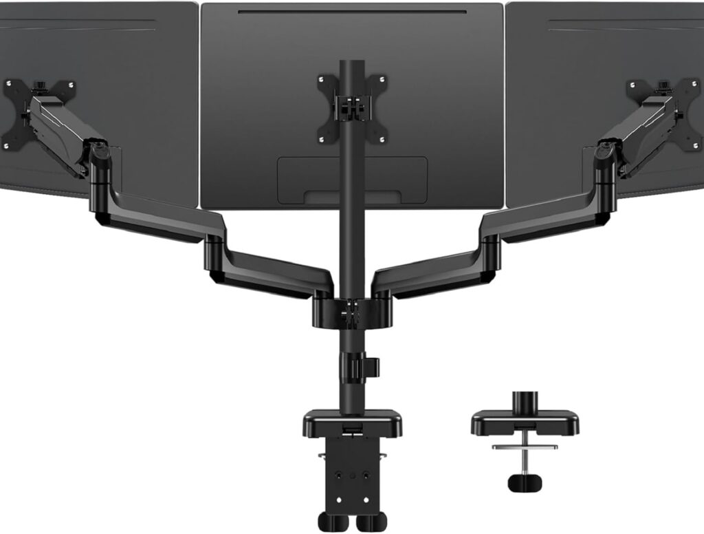 MOUNTUP Triple Monitor Mount for 17-32 inch Screens, Full Motion Triple Monitor Stand, Gas Spring 3 Arm Desk Mount Holds 4.4-19.8 lbs Each, Clamp & Grommet Mounting, Black