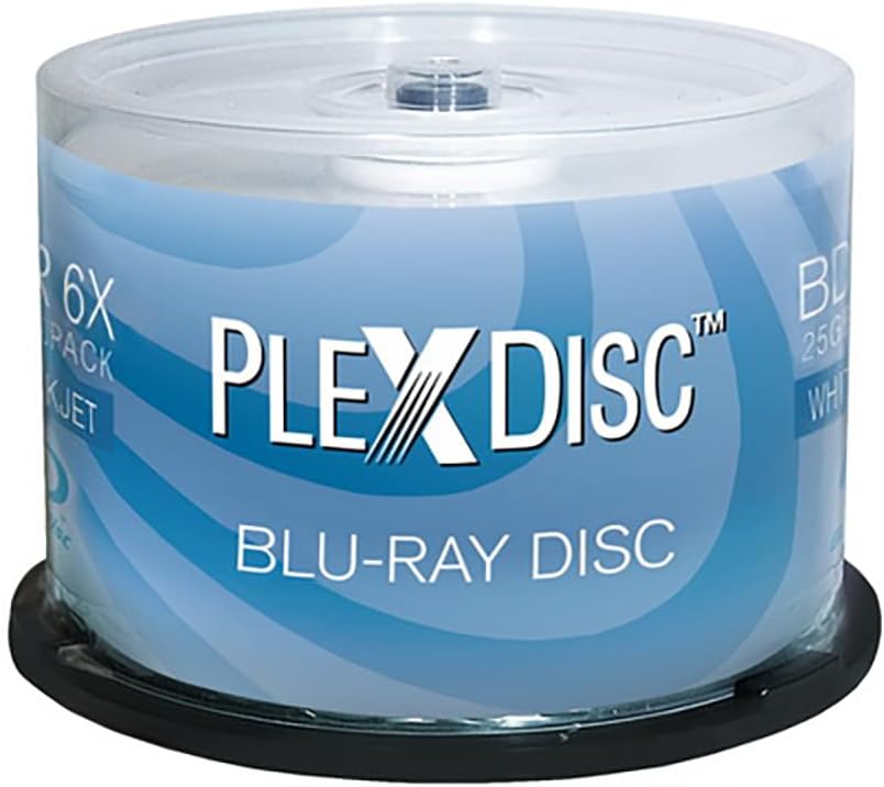 PlexDisc 633-214 25 GB 6X Blu-ray White Inkjet Printable Single Layer Recordable BD-R, 50pk Cake Box, 50 Discs