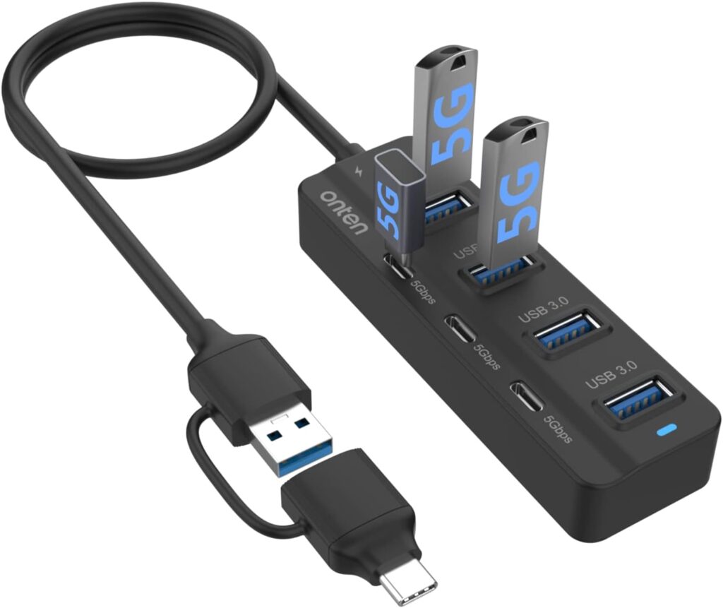 Onten USB C Hub,7 Ports USB3.0 to USB-C HUB with a USB C to USB 3.0 Adapter. 3.2ft Cable 4*USB3.0 Ports,3*USB C Ports forThunderbolt 3/4 MacBook Surface Pro and More USB/USB C Devices