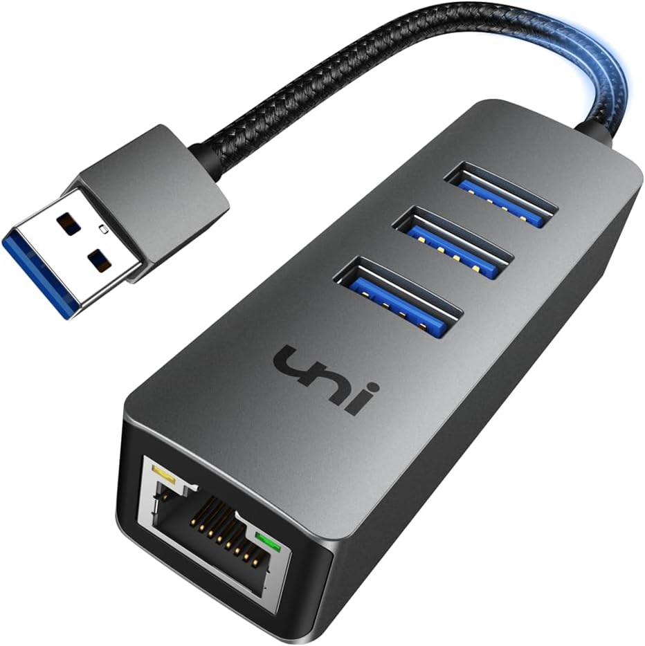 uni USB to Ethernet Adapter, USB 3.0 Hub with 100/1000 Mbps RJ45 Ethernet Driver Free, Sturdy Aluminum 4-in-1 USB-A to LAN Network Adapter Compatible with iMac, PC, Chromebook Laptops, and More