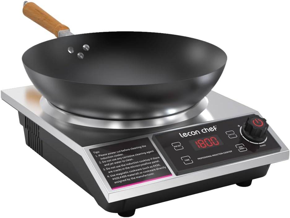 leconchef Induction Cooker with Wok 1800W Professional Electric Induction Burner with 11-Level Setting for Cooking,24-hour Timer and Preset,Keep warm,14″ Carbon Steel Wok Included