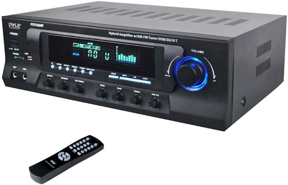 Pyle Wireless Bluetooth Audio Power Amplifier – 300W 4 Channel Home Theater Stereo Receiver with USB, AM FM, 2 Mic IN with Echo, RCA, LED, Speaker Selector, For Studio, Home Use, Black – PT272AUBT