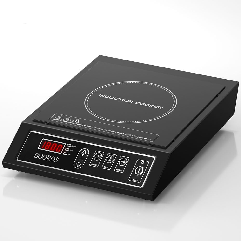 BOOROS Portable Induction Cooktop 1800W Induction Hot Plates for Countertop,9.6-Inch Heating Coil,10 Temperature Levels 175-520°F (80-270°C),24-Hour Timer,Key Touch,Easy to Clean,Black,110V