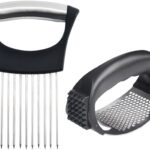 Stainless Steel Garlic Presser and Onion Slice Holder Set, Garlic Press Rocker Crusher Mincer Chopper, Cutter Kitchen Slicing Assistant Tool for Tomatoes Eggs and Vegetables