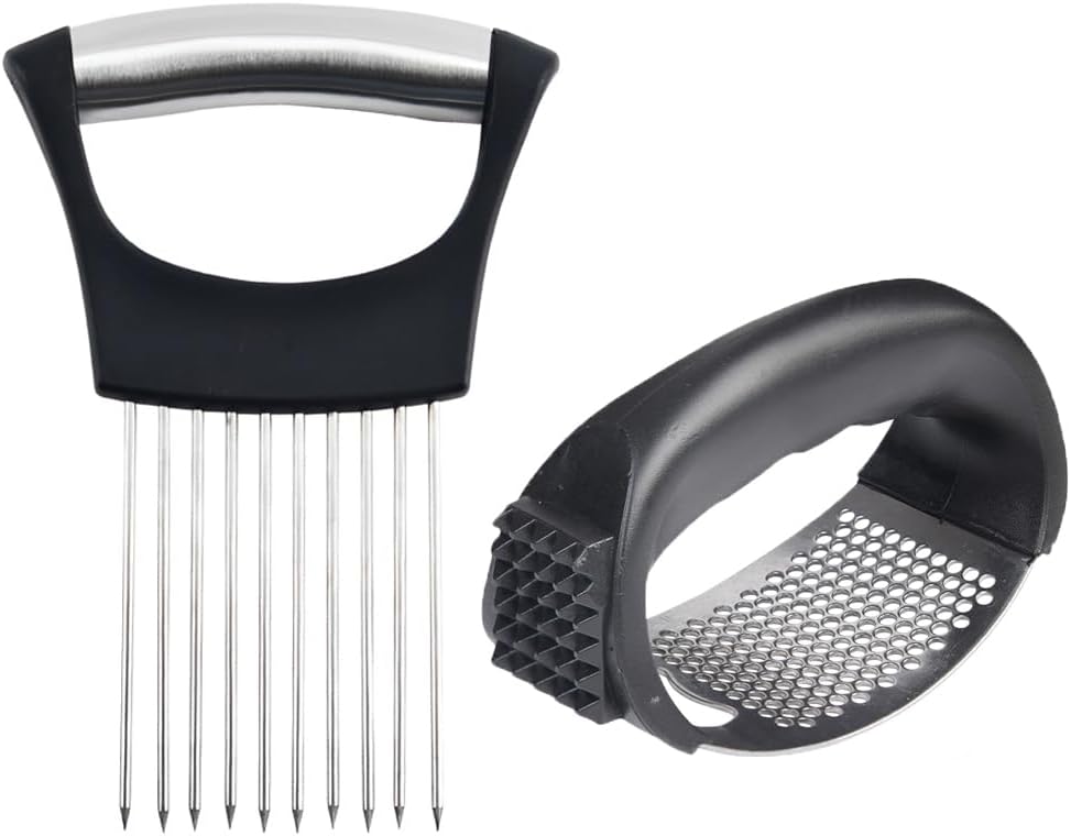 Stainless Steel Garlic Presser and Onion Slice Holder Set, Garlic Press Rocker Crusher Mincer Chopper, Cutter Kitchen Slicing Assistant Tool for Tomatoes Eggs and Vegetables