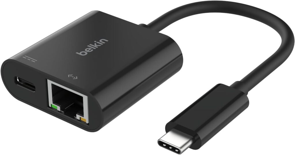 Belkin Connect USB-C to Ethernet + Charge Adapter 100W w/Gigabit Ethernet Port and USB-C Port – 10/100/1000 Mbps for Fast Internet Connection – Compatible with iPhone 17, Samsung Galaxy S25, & More