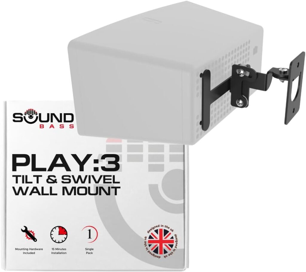 Sound Bass Play 3 Wall Mount Black, Compatible with Sonos Play:3, Adjustable Swivel & Tilt Mechanism, Mounting Bracket Includes All Fixings
