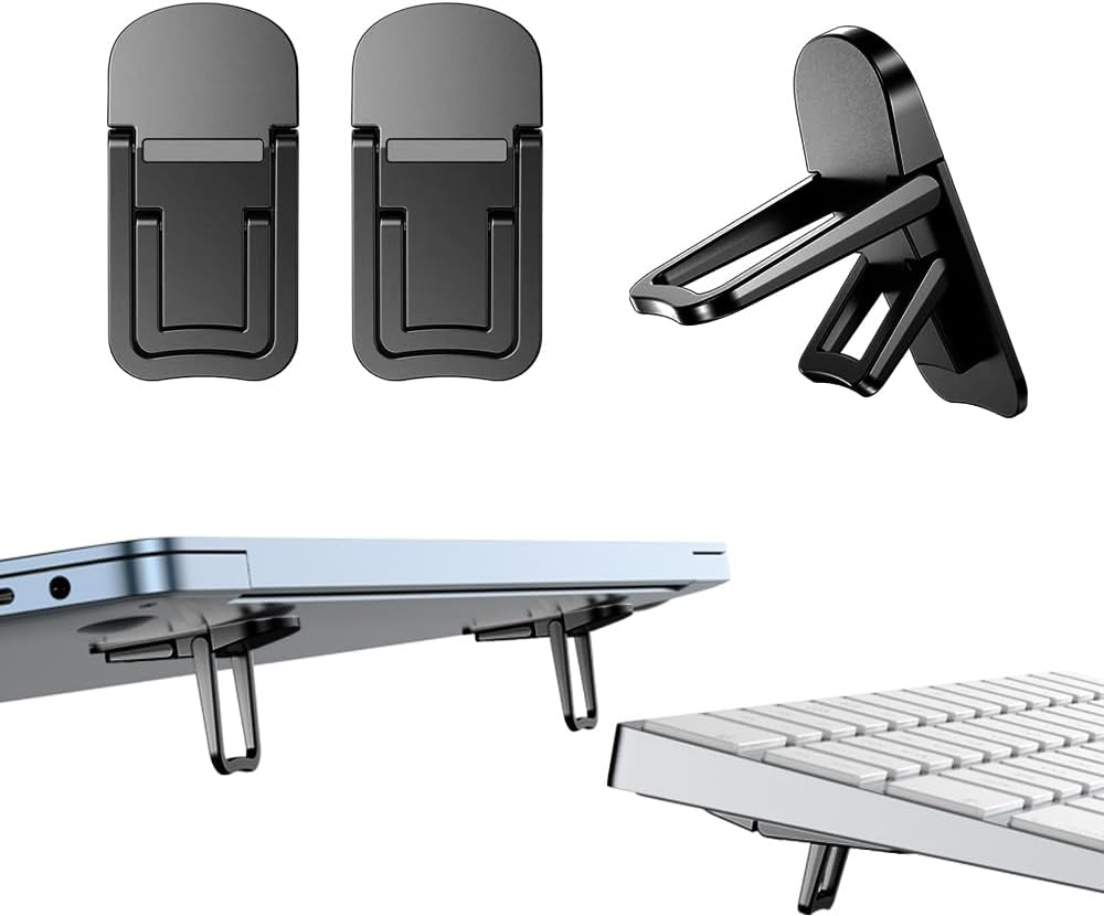 2PCS Zinc Alloy Mini Foldable Laptop Stand, Portable Computer Keyboard Riser with 2 Adjustable Angles, Self-Adhesive Invisible Notebook Stand and Keyboard Lift for Desk (Black)