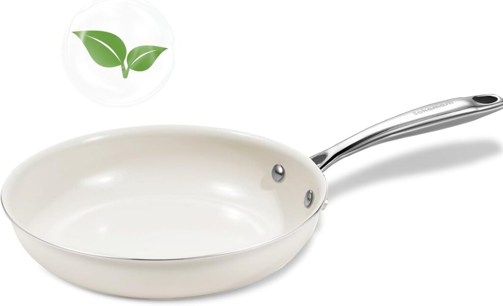 8″ Ceramic Frying Pan Nonstick, Small Skillet, Cooking Pan Non Toxic with Stay Cool Handle for Induction, Chef’s Pan, PTFE & PFAS & PFOA Free, Dishwasher/Oven Safe, White