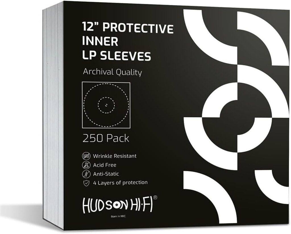 Hudson Hi-Fi Anti-Static Vinyl Record Inner Sleeves 250 Pack – Durable Clear Disc Sleeves- Protect Your LP Albums from Scratches, Dust & Dirt – Acid-Free Rice Paper Interior Disc Covers