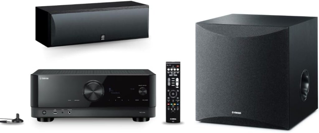 Yamaha RX-V4A 5.2-Channel AV Receiver + NS-SW050BL 8″ 100W Powered Subwoofer + NS-C210BL Center Channel Speaker (Black) Bundle