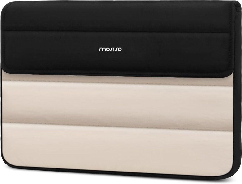 MOSISO 13-14 inch Laptop Case, 13.3 inch Puffy Laptop Sleeve Compatible with MacBook Air 13/Pro 13/Pro 14, HP Dell Lenovo, Horizontal Rectangle Quilted Flap Computer Bag with Handle&Pockets,Black&Sand