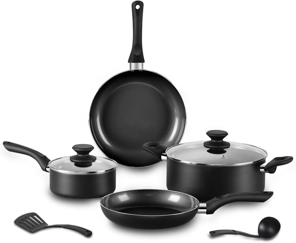 8pcs Black Ceramic Pots and Pans Set, Cooking Pan Set,Cooking Pot Set Ceramic Pan Set, Nonstick Cookware Set, Induction Safe Kitchen Cooking Set with Frying Pans, Saucepans, shovel and Ladle