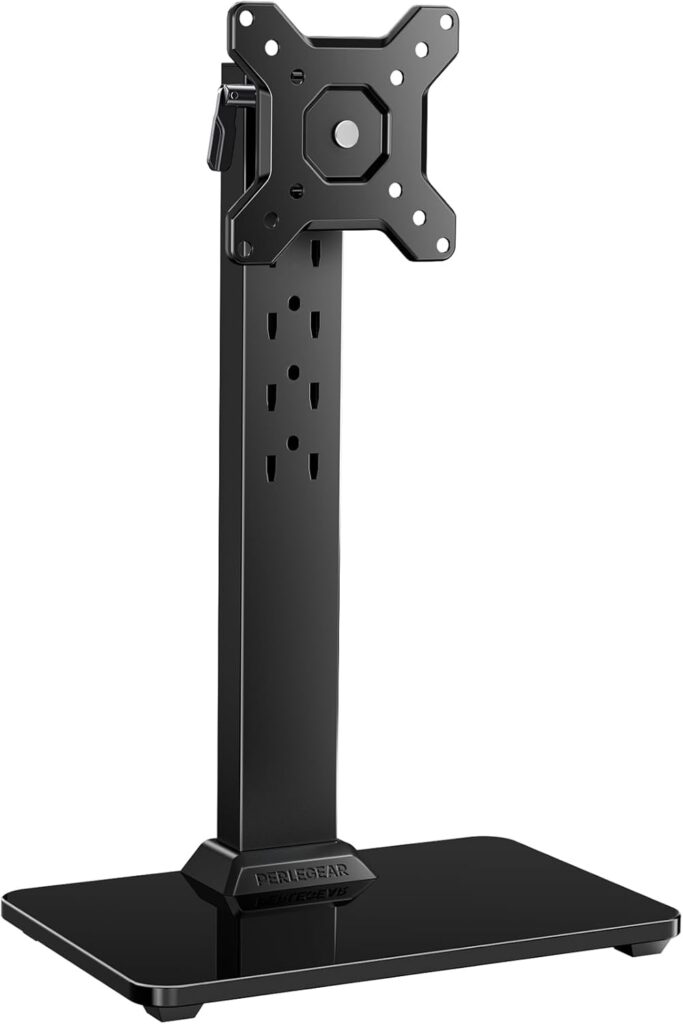 Perlegear Monitor Stand, Freestanding Monitor Mount for 13-34 inch Screens with 360 Degree Rotation, 5 Height Settings, Adjustable Desk Riser with Swivel and Tilt, Max VESA 100x100mm, PGTVS29