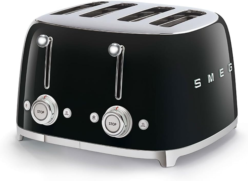 Smeg 50’s Style Retro Aesthetic 4 Slice Toaster 6 Presets Extra Wide Slots Black TSF03BLUS