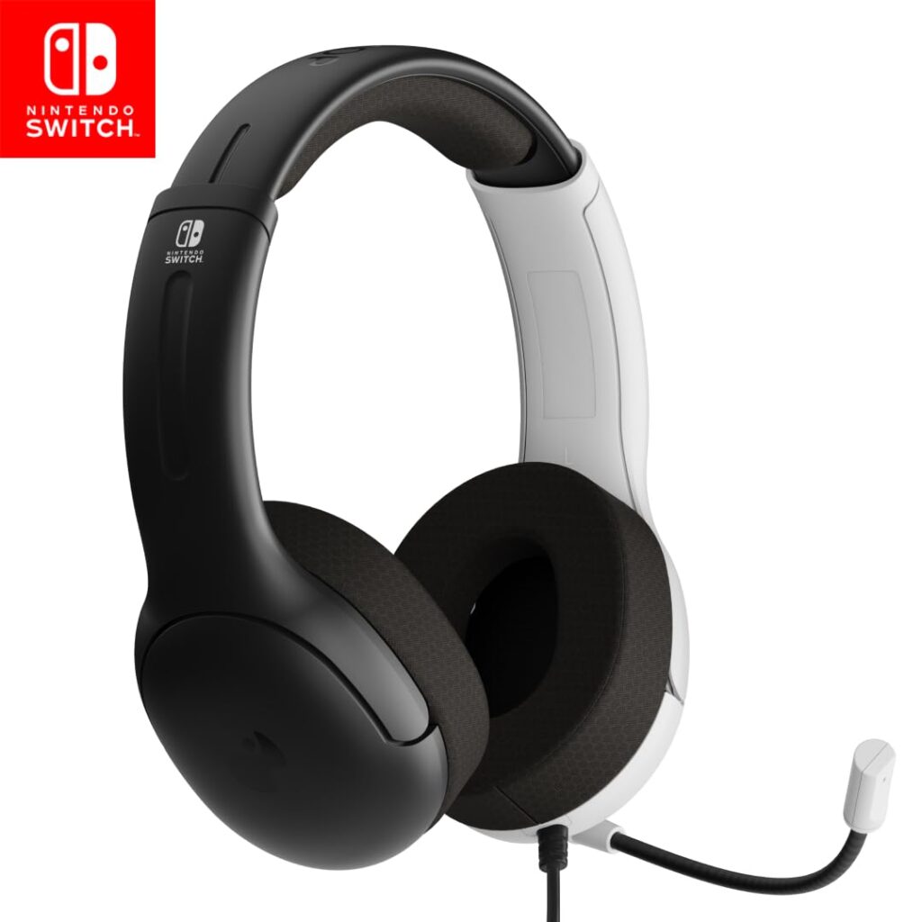 PDP Gaming AIRLITE Stereo Headset with Mic for Nintendo Switch/Switch Lite/OLED – Wired Power Noise Cancelling Microphone, Lightweight, Soft Comfort On Ear Headphones (Black & White)