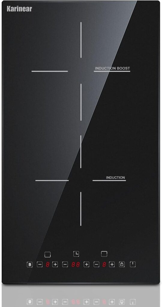 Karinear 12 Inch Induction Cooktop 2 Burner Drop In Electric Cooktop, Induction Stove Top Ceramic Glass with Booster, Child Lock, Timer, Pause function, 220-240V, 3500W, Hard Wire(No Plug)