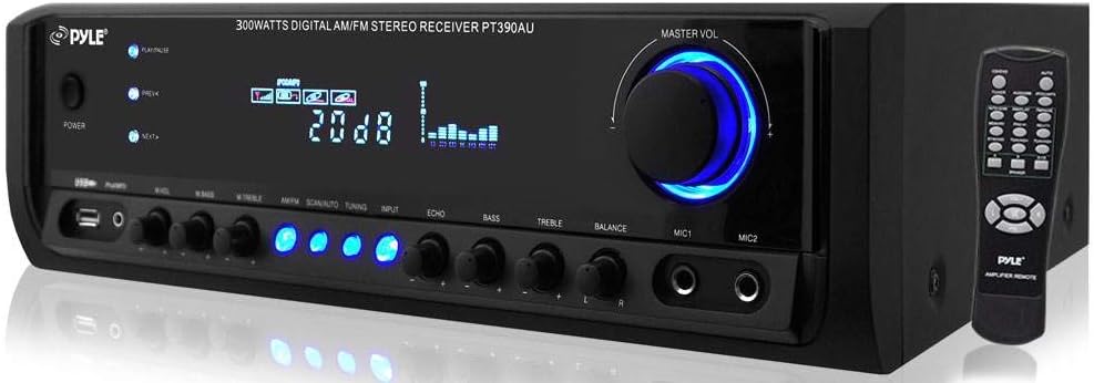 Pyle 300W 4-Channel Home Audio Power Amplifier – Stereo Receiver with USB/ RCA/ AUX/ 2 Mic Inputs w/ Echo/ LED/ EQ/ Digital Display/ Remote – For PA – iPhone – Karaoke – Home Entertainment – PT390AU