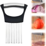 Stainless Steel Garlic Presser and Onion Slice Holder Set, Garlic Press Rocker Crusher Mincer Chopper, Cutter Kitchen Slicing Assistant Tool for Tomatoes Eggs and Vegetables