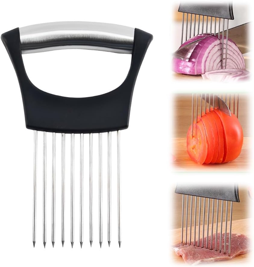 Stainless Steel Garlic Presser and Onion Slice Holder Set, Garlic Press Rocker Crusher Mincer Chopper, Cutter Kitchen Slicing Assistant Tool for Tomatoes Eggs and Vegetables