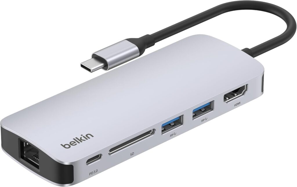 Belkin USB-C Hub – 6-in-1 Multi-Port Adapter Dock with 4K HDMI, USB-C 100W PD Pass-Through Charging, 2X USB-A Ports, Gigabit Ethernet Ports, and SD Slot for MacBook Pro, Air, iPad, Pro, XPS and More