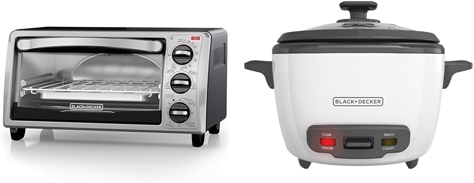 BLACK+DECKER 4-Slice Toaster Oven, TO1313SBD, Even Toast, 4 Cooking Functions Bake, Broil, Toast & 16-Cup Rice Cooker, RC516, 8-Cup Uncooked Rice, Steaming Basket