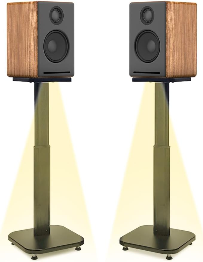 Universal Bookshelf Speaker Stands Pair – CNFRD Adjustable Height Floor Stands for Surround Sound – Holds 25lbs for Studio, Home Theater System – Tool-Free Assembly